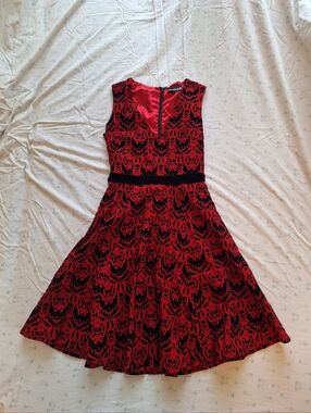 Sourpuss Red and Black Skull-Print Fit & Flare Dress - Size Small